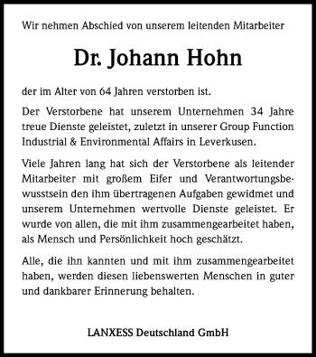 Anzeige von Johann Hohn von Kölner Stadt-Anzeiger / Kölnische Rundschau / Express