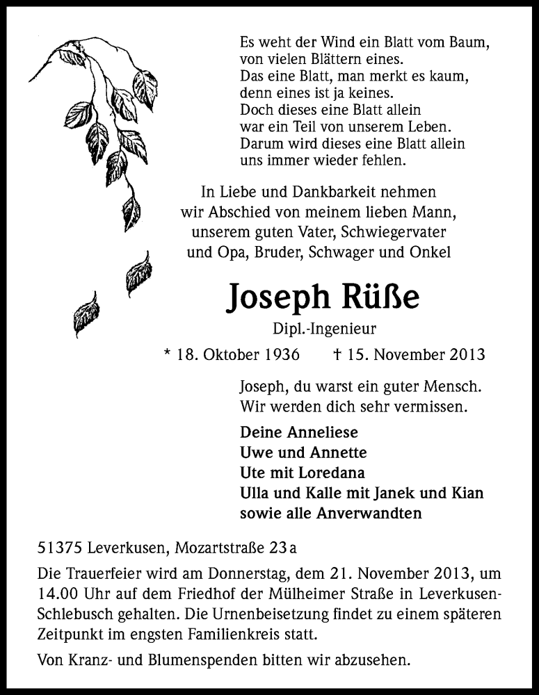  Traueranzeige für Joseph Rüße vom 20.11.2013 aus Kölner Stadt-Anzeiger / Kölnische Rundschau / Express