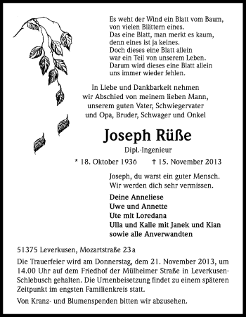 Anzeige von Joseph Rüße von Kölner Stadt-Anzeiger / Kölnische Rundschau / Express