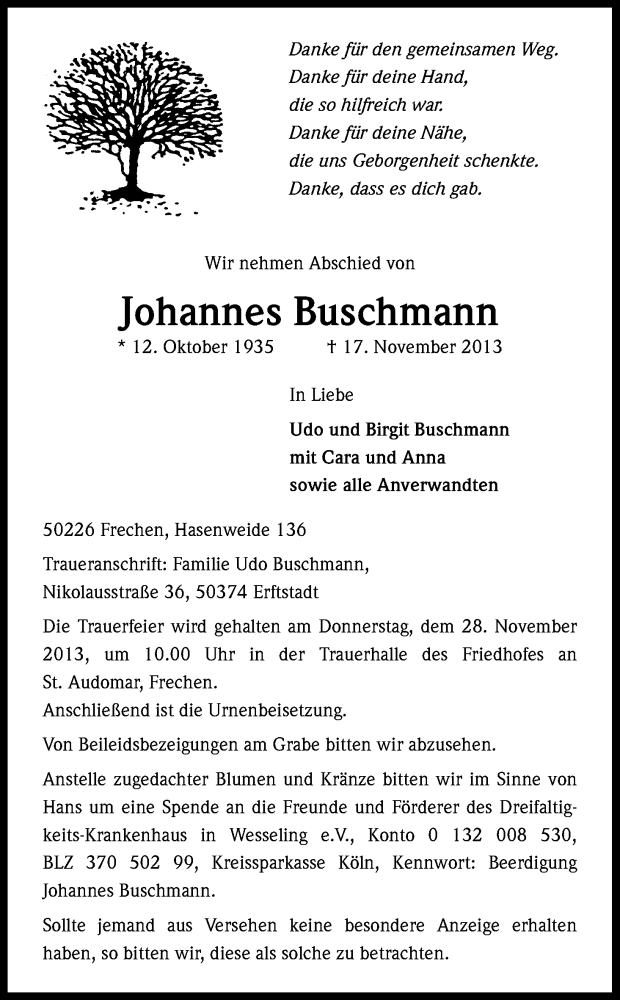  Traueranzeige für Johannes Buschmann vom 23.11.2013 aus Kölner Stadt-Anzeiger / Kölnische Rundschau / Express