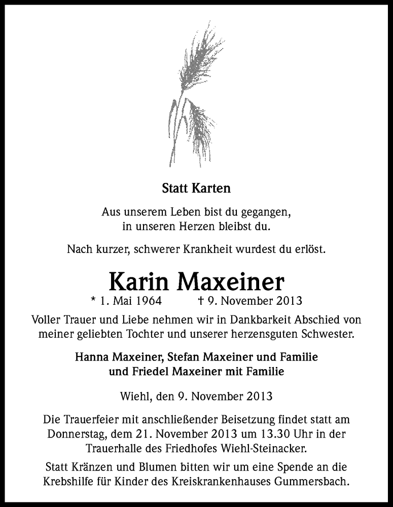  Traueranzeige für Karin Maxeiner vom 19.11.2013 aus Kölner Stadt-Anzeiger / Kölnische Rundschau / Express