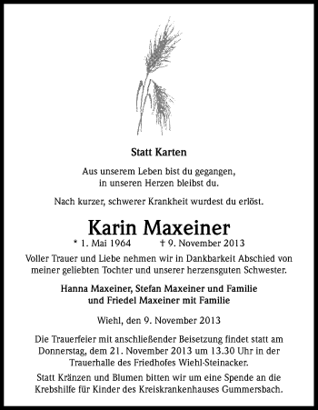 Anzeige von Karin Maxeiner von Kölner Stadt-Anzeiger / Kölnische Rundschau / Express