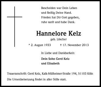Anzeige von Hannelore Kelz von Kölner Stadt-Anzeiger / Kölnische Rundschau / Express