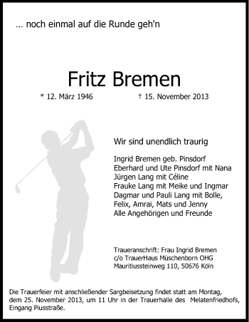 Anzeige von Fritz Bremen von Kölner Stadt-Anzeiger / Kölnische Rundschau / Express