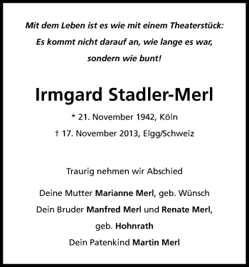 Anzeige von Irmgard Stadler-Merl von Kölner Stadt-Anzeiger / Kölnische Rundschau / Express