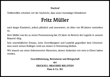 Anzeige von Fritz Müller von Kölner Stadt-Anzeiger / Kölnische Rundschau / Express