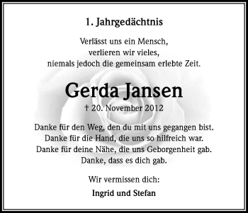 Anzeige von Gerda Jansen von Kölner Stadt-Anzeiger / Kölnische Rundschau / Express