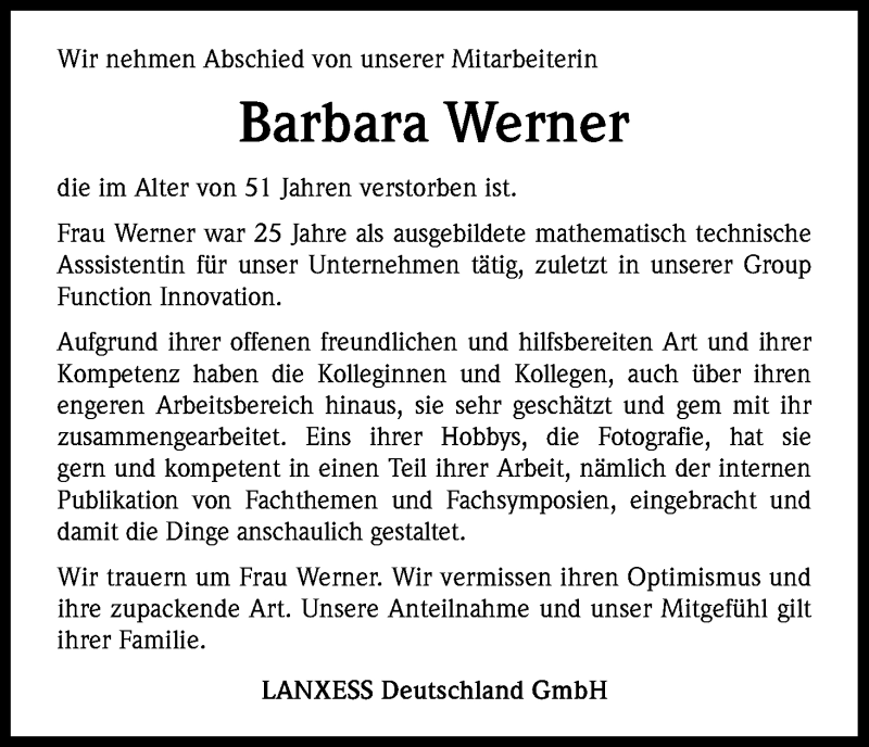  Traueranzeige für Barbara Werner vom 20.11.2013 aus Kölner Stadt-Anzeiger / Kölnische Rundschau / Express