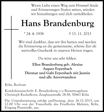 Anzeige von Hans Brandenburg von Kölner Stadt-Anzeiger / Kölnische Rundschau / Express