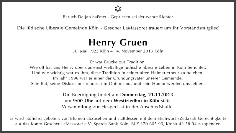  Traueranzeige für Henry Gruen vom 20.11.2013 aus Kölner Stadt-Anzeiger / Kölnische Rundschau / Express