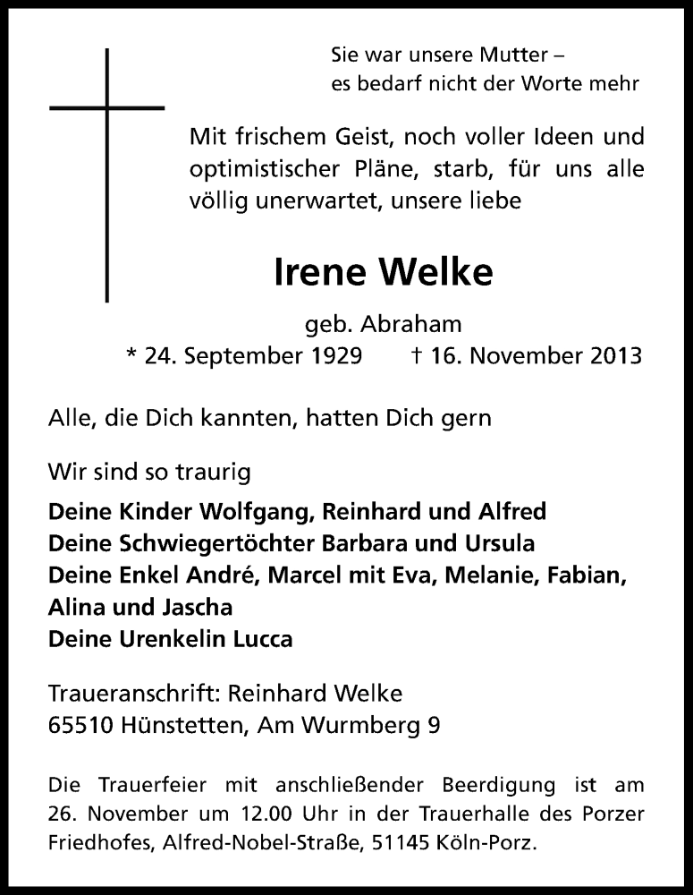  Traueranzeige für Irene Welke vom 20.11.2013 aus Kölner Stadt-Anzeiger / Kölnische Rundschau / Express