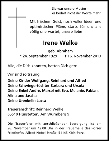 Anzeige von Irene Welke von Kölner Stadt-Anzeiger / Kölnische Rundschau / Express