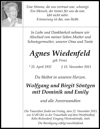 Anzeige von Agnes Wiedenfeld von Kölner Stadt-Anzeiger / Kölnische Rundschau / Express