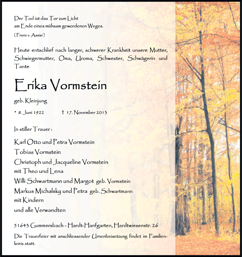  Traueranzeige für Erika Vormstein vom 20.11.2013 aus Kölner Stadt-Anzeiger / Kölnische Rundschau / Express