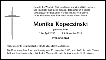 Anzeige von Monika Kopeczinski von Kölner Stadt-Anzeiger / Kölnische Rundschau / Express