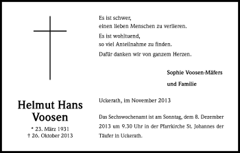 Anzeige von Helmut Hans Voosen von Kölner Stadt-Anzeiger / Kölnische Rundschau / Express