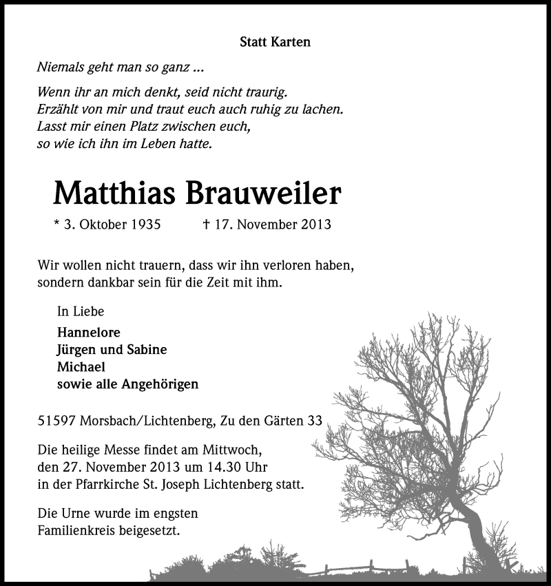  Traueranzeige für Matthias Brauweiler vom 20.11.2013 aus Kölner Stadt-Anzeiger / Kölnische Rundschau / Express