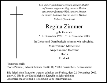 Anzeige von Regina Zimmer von Kölner Stadt-Anzeiger / Kölnische Rundschau / Express