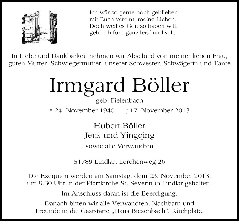  Traueranzeige für Irmgard Böller vom 20.11.2013 aus Kölner Stadt-Anzeiger / Kölnische Rundschau / Express