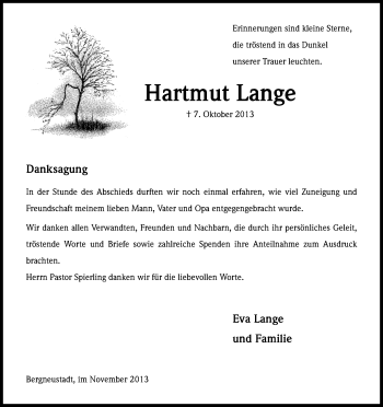 Anzeige von Hartmut Lange von Kölner Stadt-Anzeiger / Kölnische Rundschau / Express