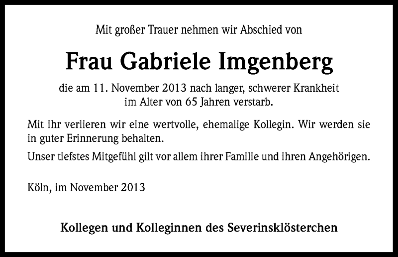  Traueranzeige für Gabriele Imgenberg vom 23.11.2013 aus Kölner Stadt-Anzeiger / Kölnische Rundschau / Express