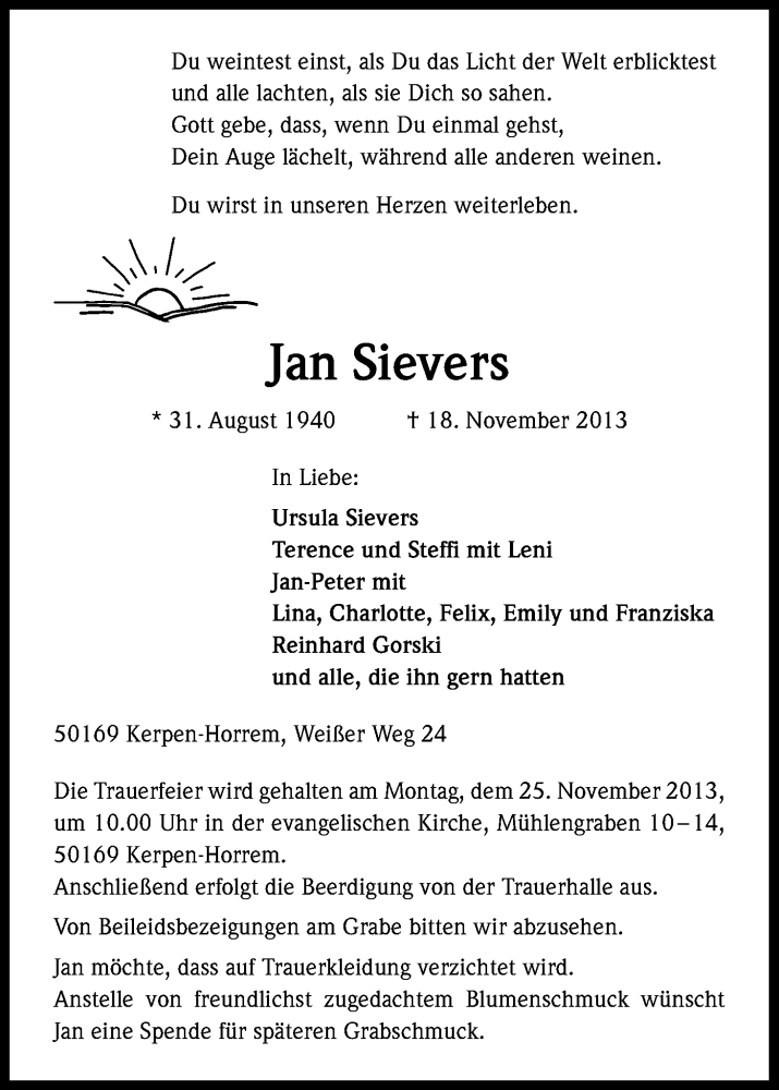  Traueranzeige für Jan Sievers vom 20.11.2013 aus Kölner Stadt-Anzeiger / Kölnische Rundschau / Express