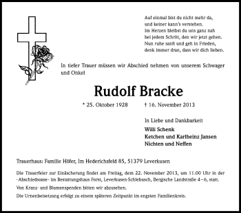 Anzeige von Rudolf Bracke von Kölner Stadt-Anzeiger / Kölnische Rundschau / Express