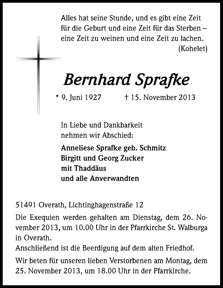  Traueranzeige für Bernhard Sprafke vom 20.11.2013 aus Kölner Stadt-Anzeiger / Kölnische Rundschau / Express