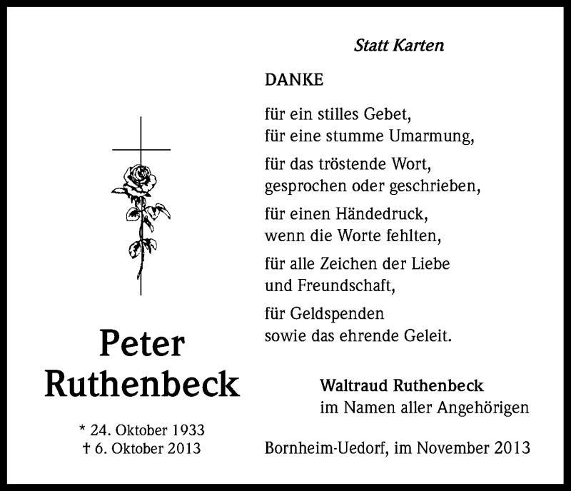  Traueranzeige für Peter Ruthenbeck vom 23.11.2013 aus Kölner Stadt-Anzeiger / Kölnische Rundschau / Express