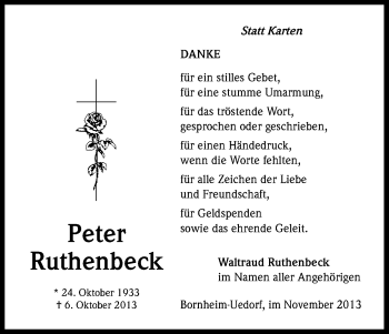 Anzeige von Peter Ruthenbeck von Kölner Stadt-Anzeiger / Kölnische Rundschau / Express