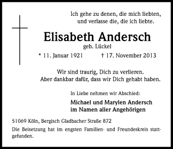 Anzeige von Elisabeth Andersch von Kölner Stadt-Anzeiger / Kölnische Rundschau / Express