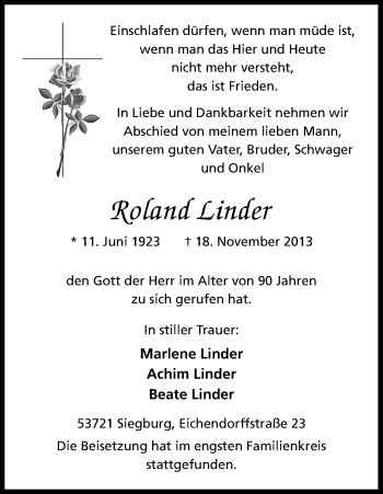Anzeige von Roland Linder von Kölner Stadt-Anzeiger / Kölnische Rundschau / Express