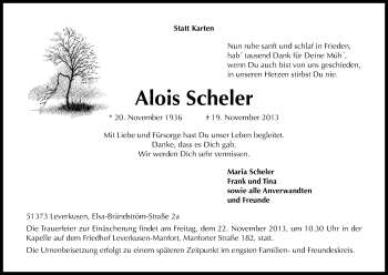 Anzeige von Alois Scheler von Kölner Stadt-Anzeiger / Kölnische Rundschau / Express