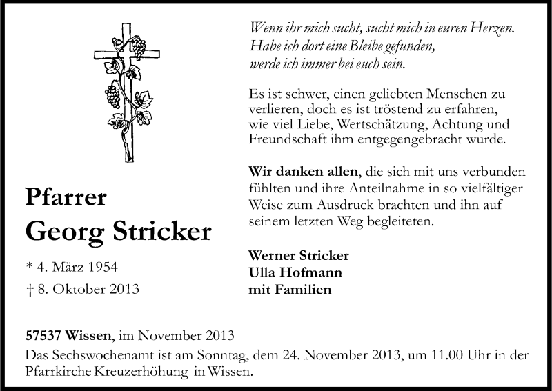  Traueranzeige für Georg Stricker vom 20.11.2013 aus Kölner Stadt-Anzeiger / Kölnische Rundschau / Express