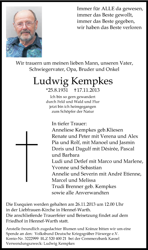  Traueranzeige für Ludwig Kempkes vom 21.11.2013 aus Kölner Stadt-Anzeiger / Kölnische Rundschau / Express