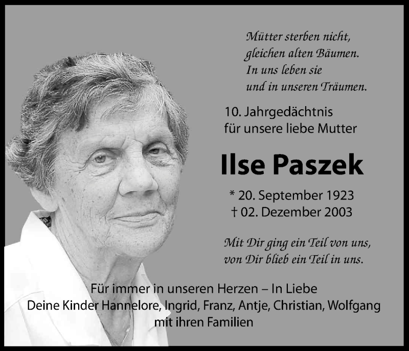  Traueranzeige für Ilse Paszek vom 30.11.2013 aus Kölner Stadt-Anzeiger / Kölnische Rundschau / Express