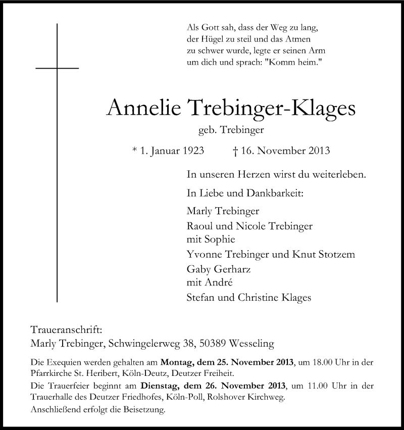  Traueranzeige für Anneliese Trebinger-Klages vom 23.11.2013 aus Kölner Stadt-Anzeiger / Kölnische Rundschau / Express