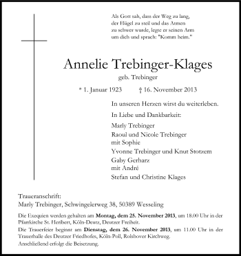 Anzeige von Anneliese Trebinger-Klages von Kölner Stadt-Anzeiger / Kölnische Rundschau / Express