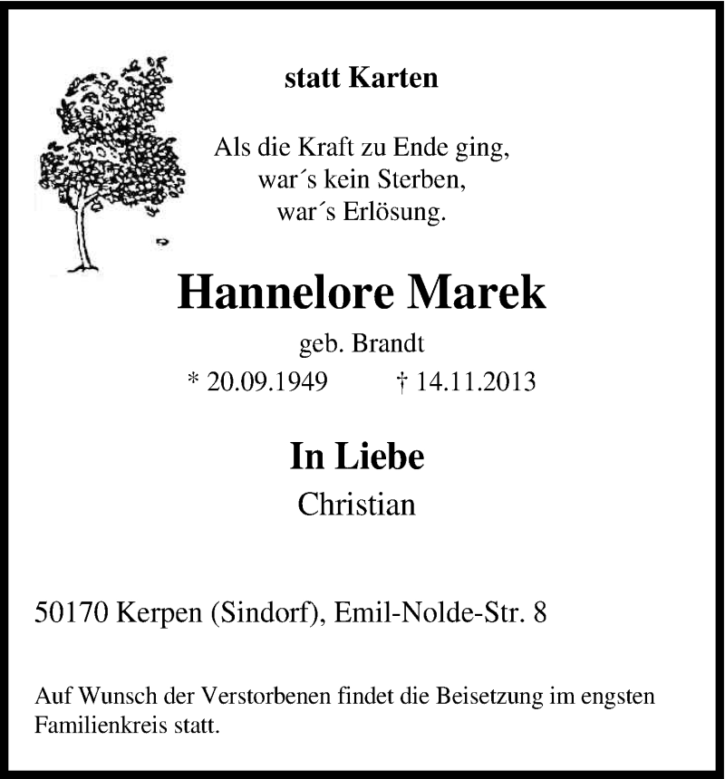  Traueranzeige für Hannelore Marek vom 23.11.2013 aus Kölner Stadt-Anzeiger / Kölnische Rundschau / Express