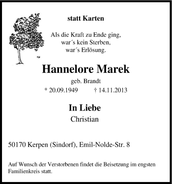 Anzeige von Hannelore Marek von Kölner Stadt-Anzeiger / Kölnische Rundschau / Express
