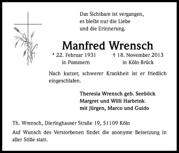 Anzeige von Manfred Wrensch von Kölner Stadt-Anzeiger / Kölnische Rundschau / Express