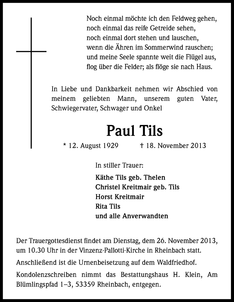  Traueranzeige für Paul Tils vom 23.11.2013 aus Kölner Stadt-Anzeiger / Kölnische Rundschau / Express