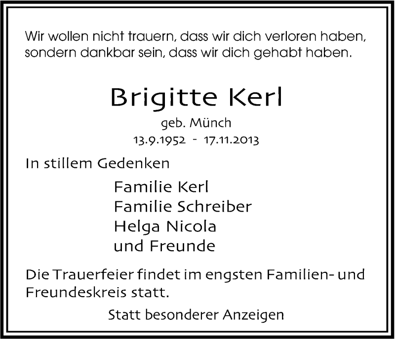  Traueranzeige für Brigitte Kerl vom 21.11.2013 aus Kölner Stadt-Anzeiger / Kölnische Rundschau / Express