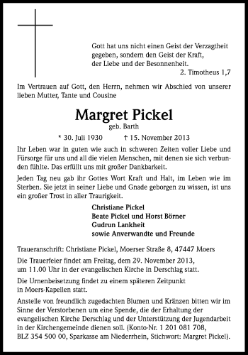 Anzeige von Margret Pickel von Kölner Stadt-Anzeiger / Kölnische Rundschau / Express