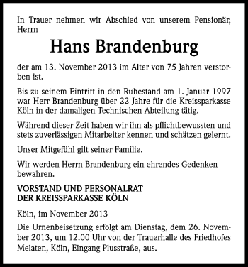 Anzeige von Hans Brandenburg von Kölner Stadt-Anzeiger / Kölnische Rundschau / Express