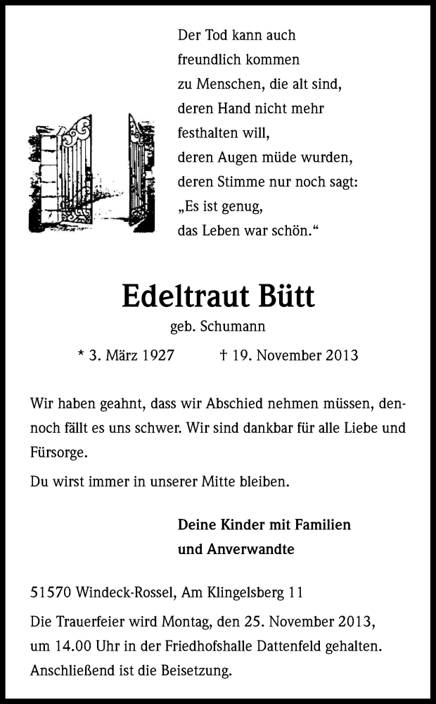  Traueranzeige für Edeltraut Bütt vom 21.11.2013 aus Kölner Stadt-Anzeiger / Kölnische Rundschau / Express