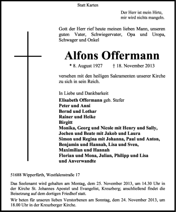 Anzeige von Alfons Offermann von Kölner Stadt-Anzeiger / Kölnische Rundschau / Express