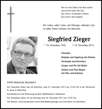 Anzeige von Siegfried Zieger von Kölner Stadt-Anzeiger / Kölnische Rundschau / Express