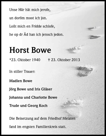 Anzeige von Horst Bowe von Kölner Stadt-Anzeiger / Kölnische Rundschau / Express