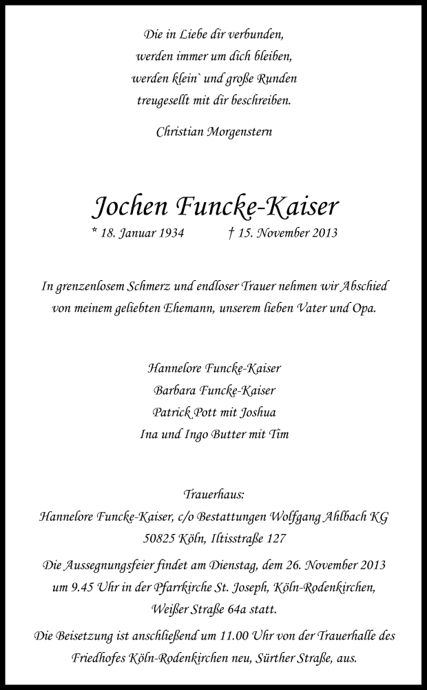  Traueranzeige für Joachim Funke-Kaiser vom 23.11.2013 aus Kölner Stadt-Anzeiger / Kölnische Rundschau / Express